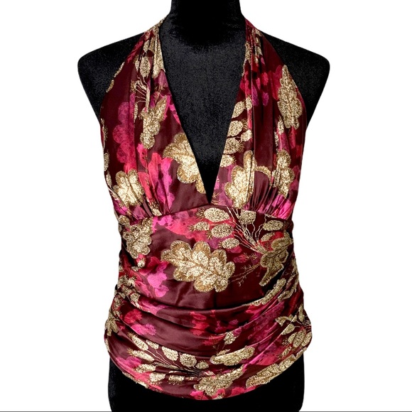 Carmen Marc Valvo Tops - CARMEN MARC VALVO Pink Beaded Silk Ruched Halter